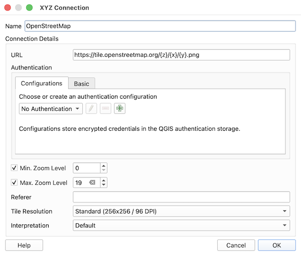 OSM XYZ Connection Settings